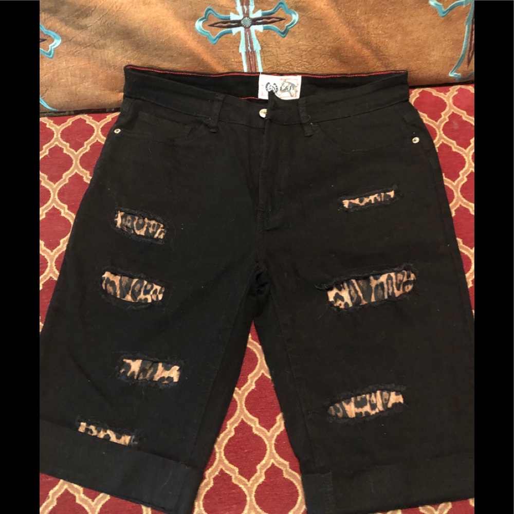 L & B black denim Bermuda shorts with cheetah